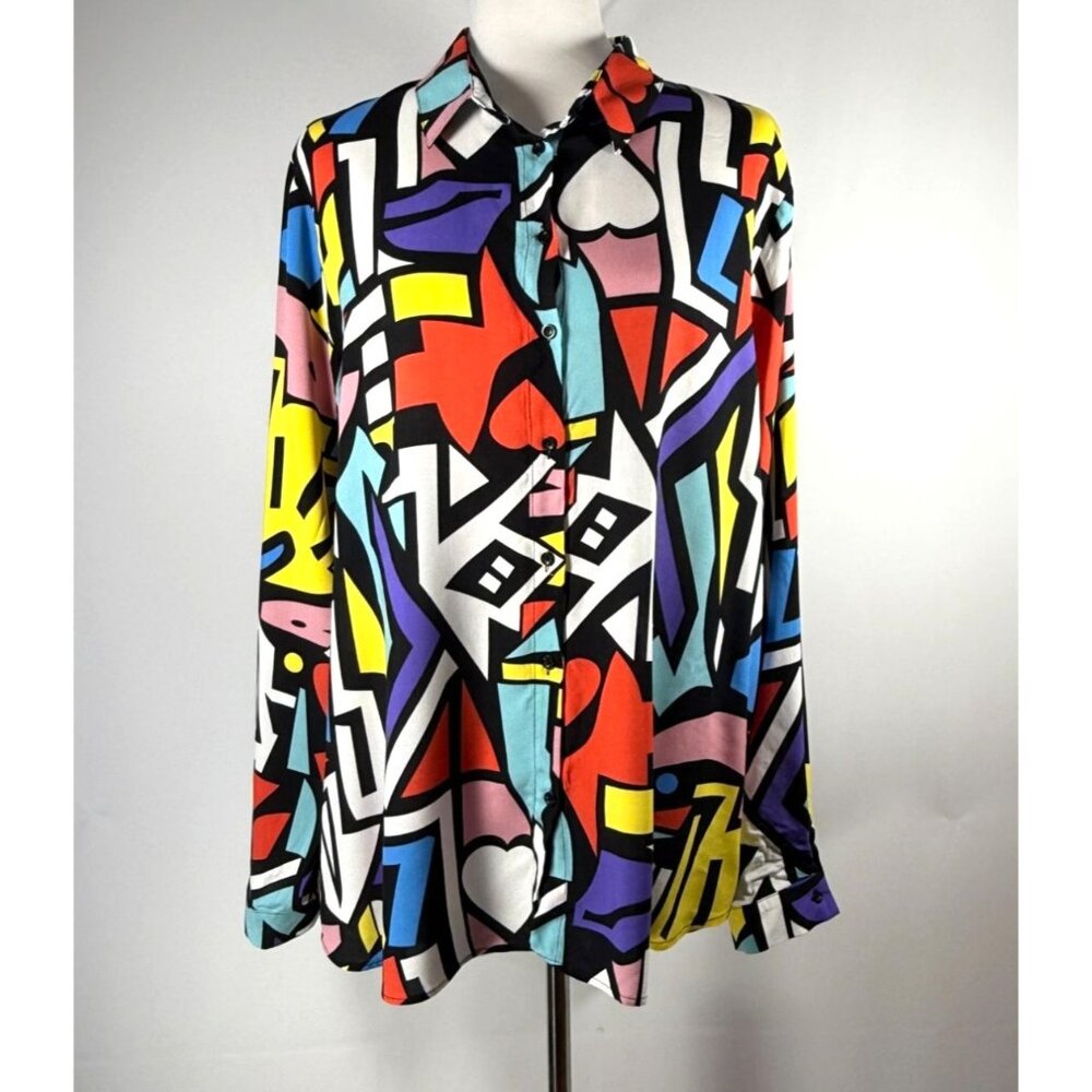 Women's Abstract Print Button-Up Shirt Long‎ Sleeves Size EU52, US 2XL Artsy NWT